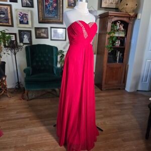 Red Chiffon Strapless Beaded Sweetheart Neckline Formal Evening Gown Maxi Dress